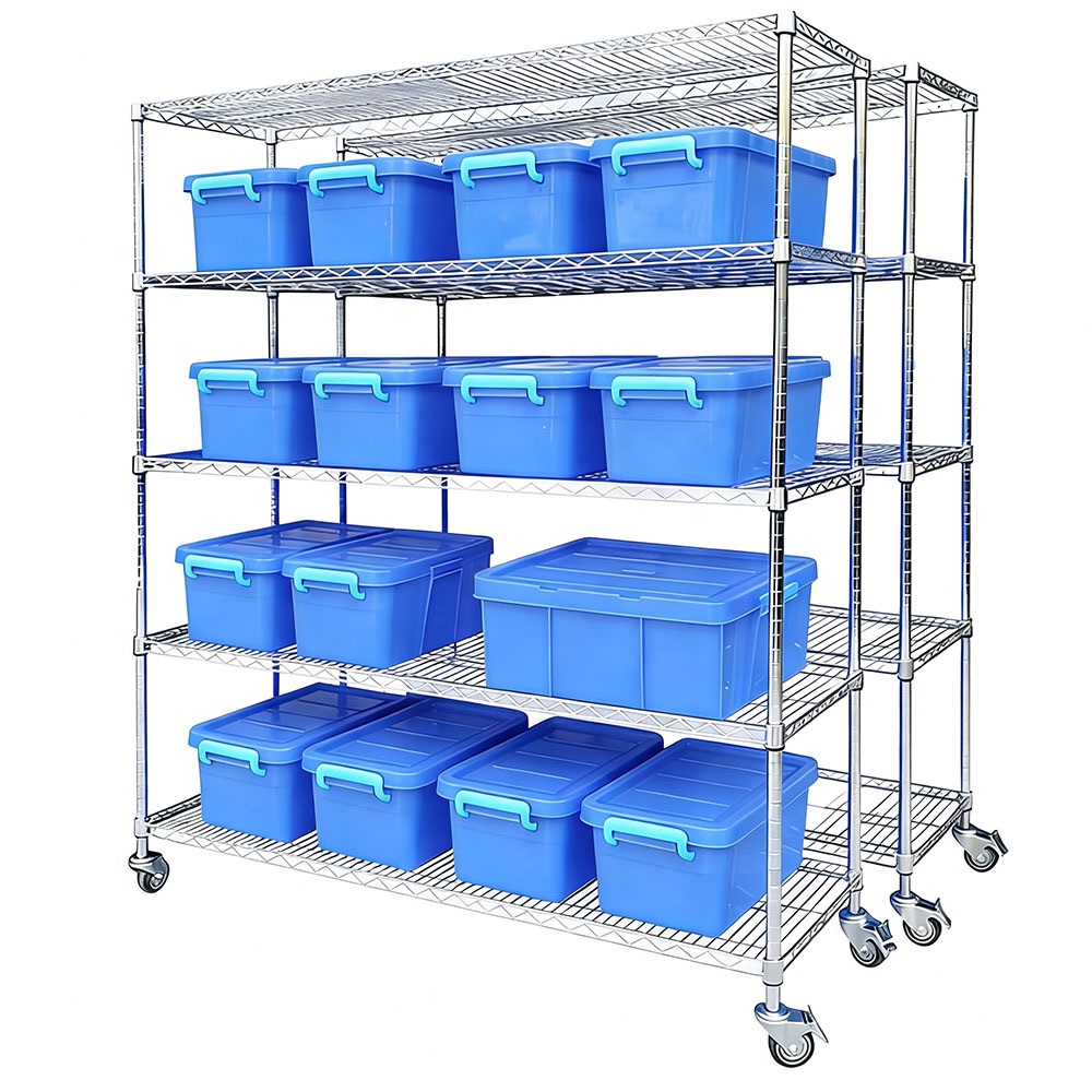 Light Duty Customized Warehouse Storage Wire Mesh Shelves Chrome Plating Racking With Wheels