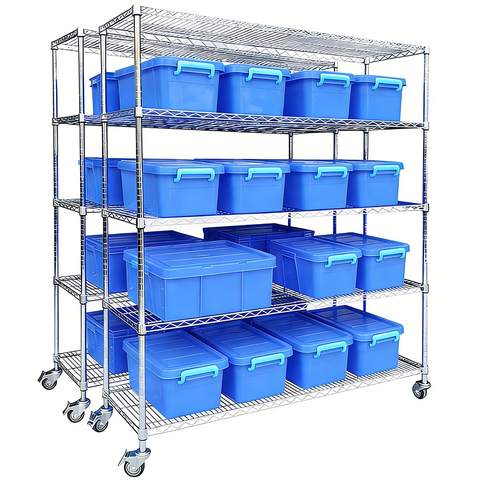 Customized Adjustable Storage Shelves Durable 5 Tier Chrome Plated Wire Mesh Shelves Shelving With Wheels