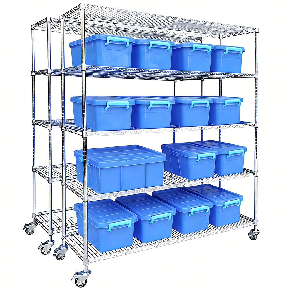 Customized Warehouse Storage Wire Mesh Shelf Chrome Plating Commercial Display Rack With Wheels