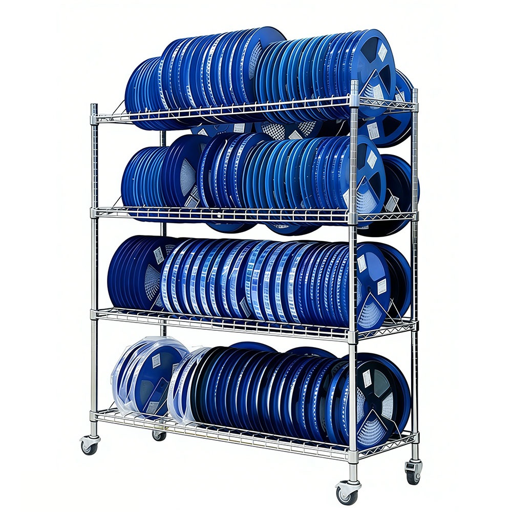 Heavy Duty Mobile Tilted Wire Mesh Shelving 4 Tier Storage Rack Adjustable Anti-Roll Industrial Warehouse Storage Shelf