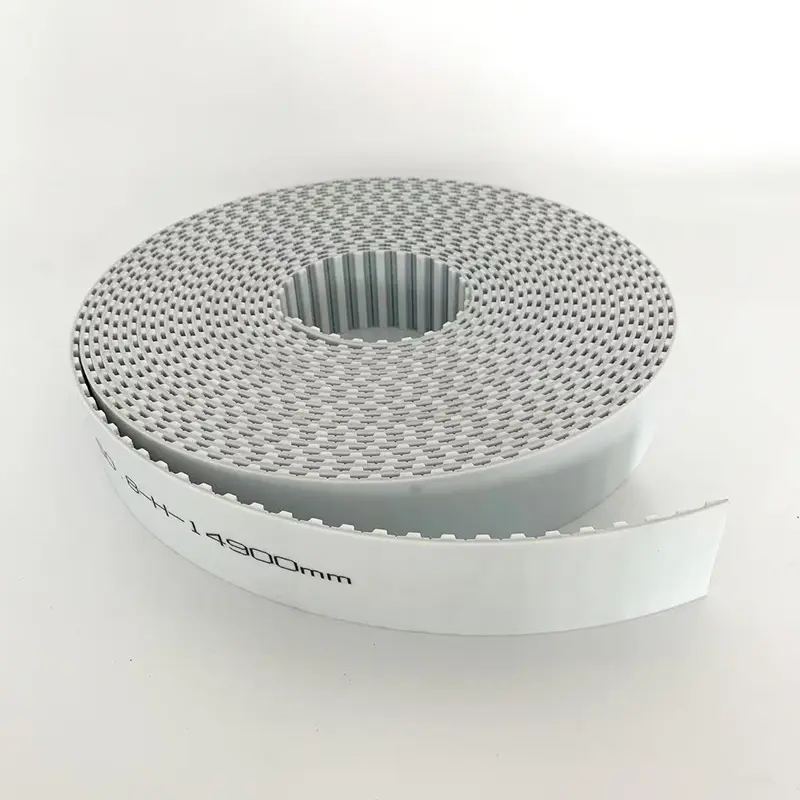 Polyurethane timing belt showing steel cord reinforcement for high load capacity