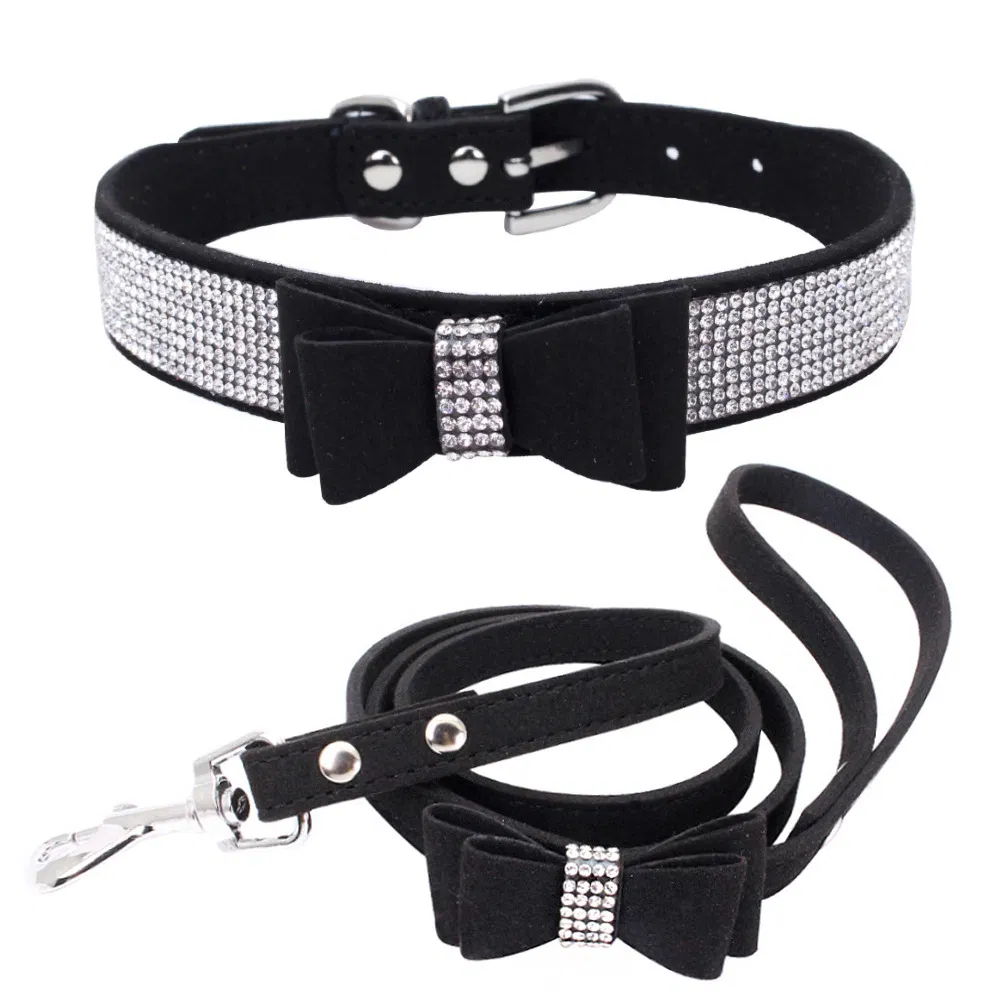 Pet Collar Shiny Rhinestone Dog Collar Bow Cat Collar Comfortable Leash