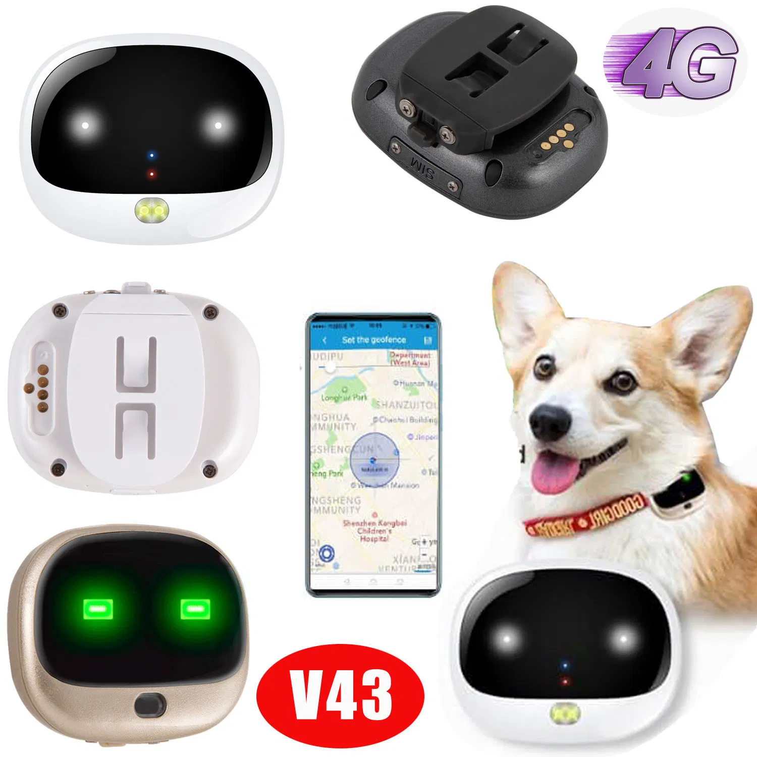 China Factory Supply 4G LTE Waterproof IP67 safety GPS Pets Tracking Device with Smart LED Light V43