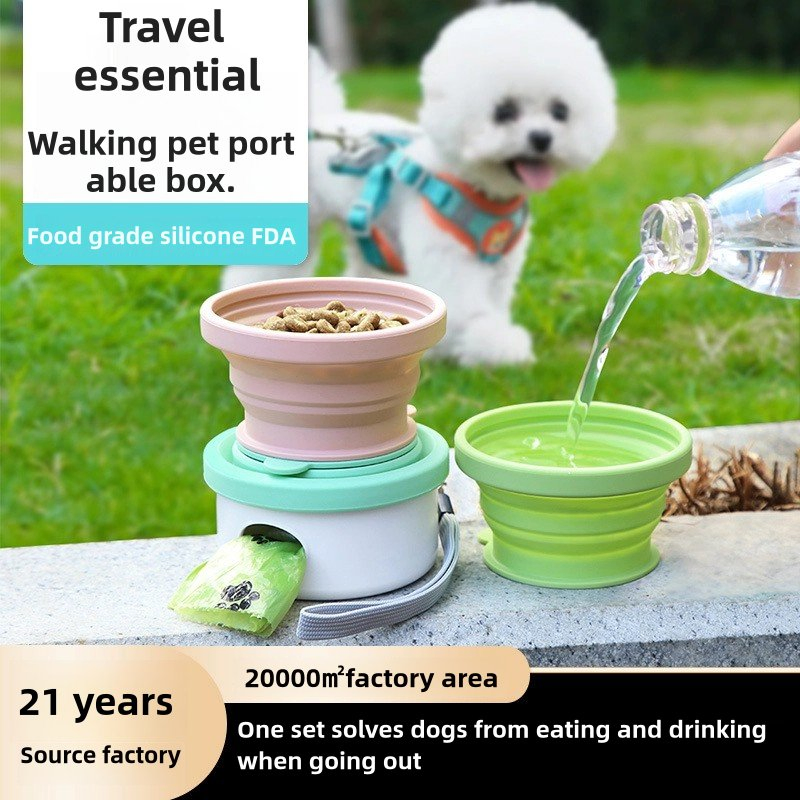 Dog Outdoor Portable 3-in-1 Food Storage Feeder Garbage Bag Folding Bowl Outdoor Walking Cup Pet Supplies