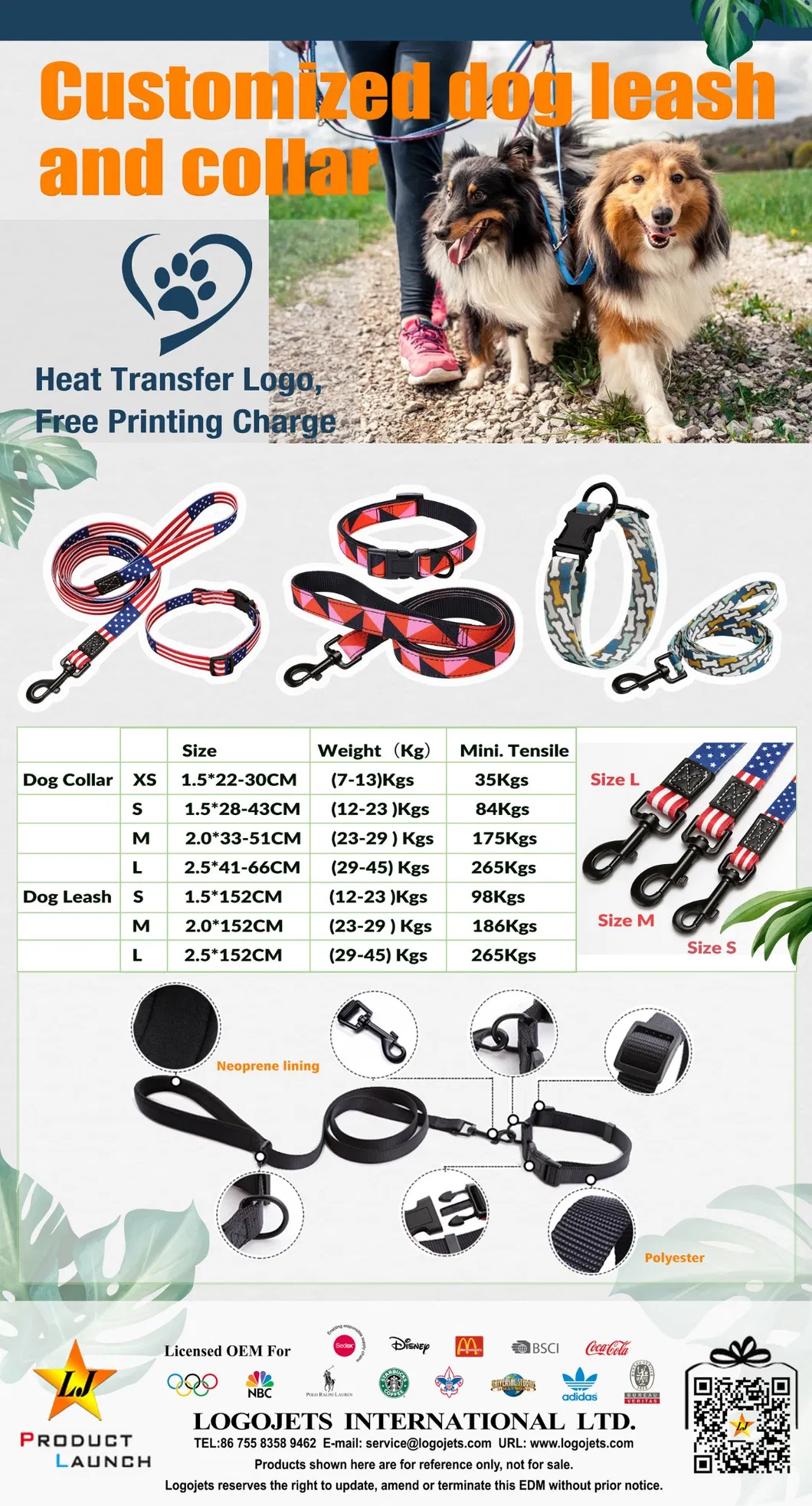 Personalized Customized Logo Printed Durable Pet Dog Collar Leashes