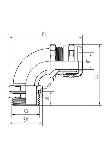 IP68 and UL Right Angle 90° Cable Gland Drawing