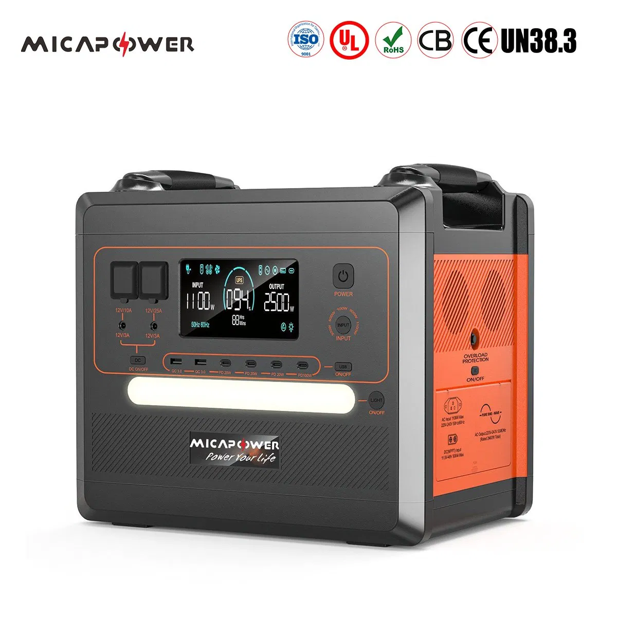 Mica Power 2500W 2400W Solar Power Travel Lithium Battery LiFePO4 LFP Battery Outdoor Camping 1000W Portable Power Station Big Power Bank with LED Light