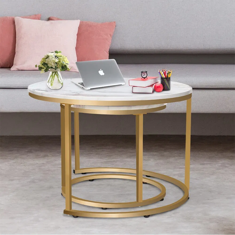 Living Room Round Marble Coffee Table Set with Golden Frame Circular and White Nesting Coffee Table