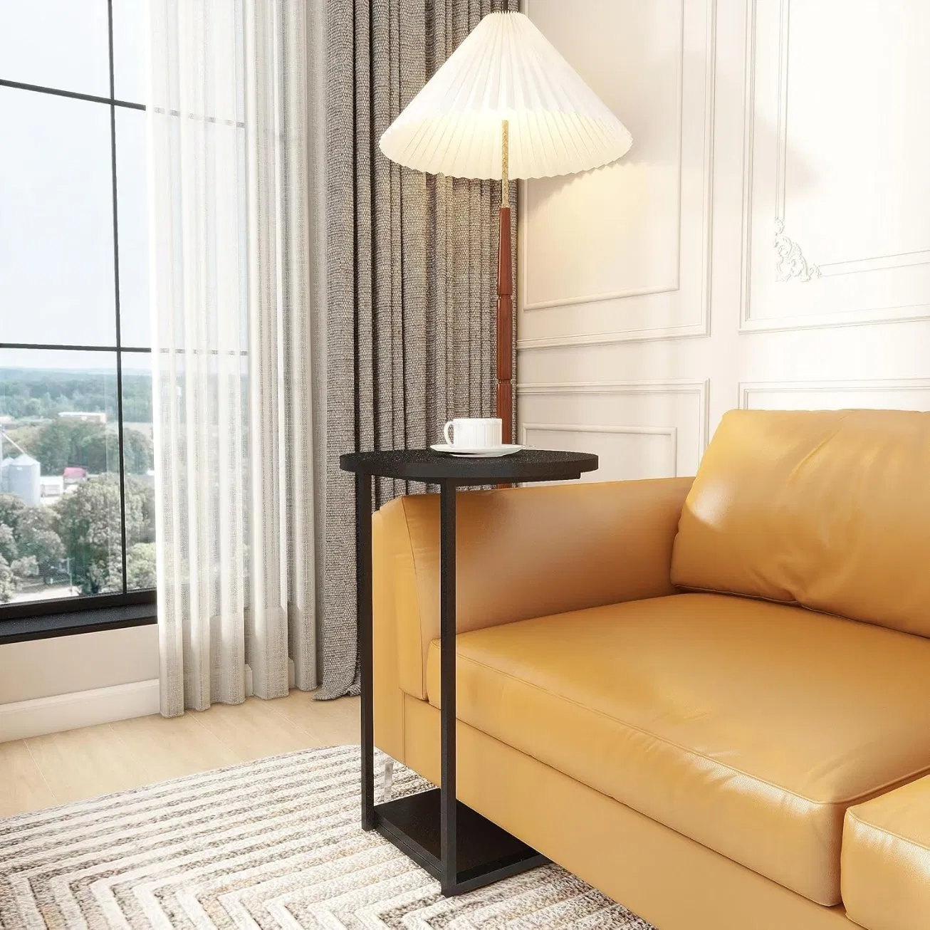 Modern Grey Coffee Nesting Table with Metal Top Round Sofa Side Table for Living Room Home Use