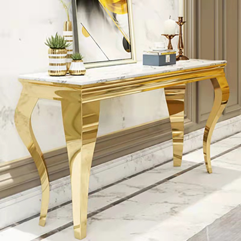 Marble Tempered Glass Coffee Office Table Furniture Gold Base Dining Console Restaurant Table Chairs Wedding Background Table