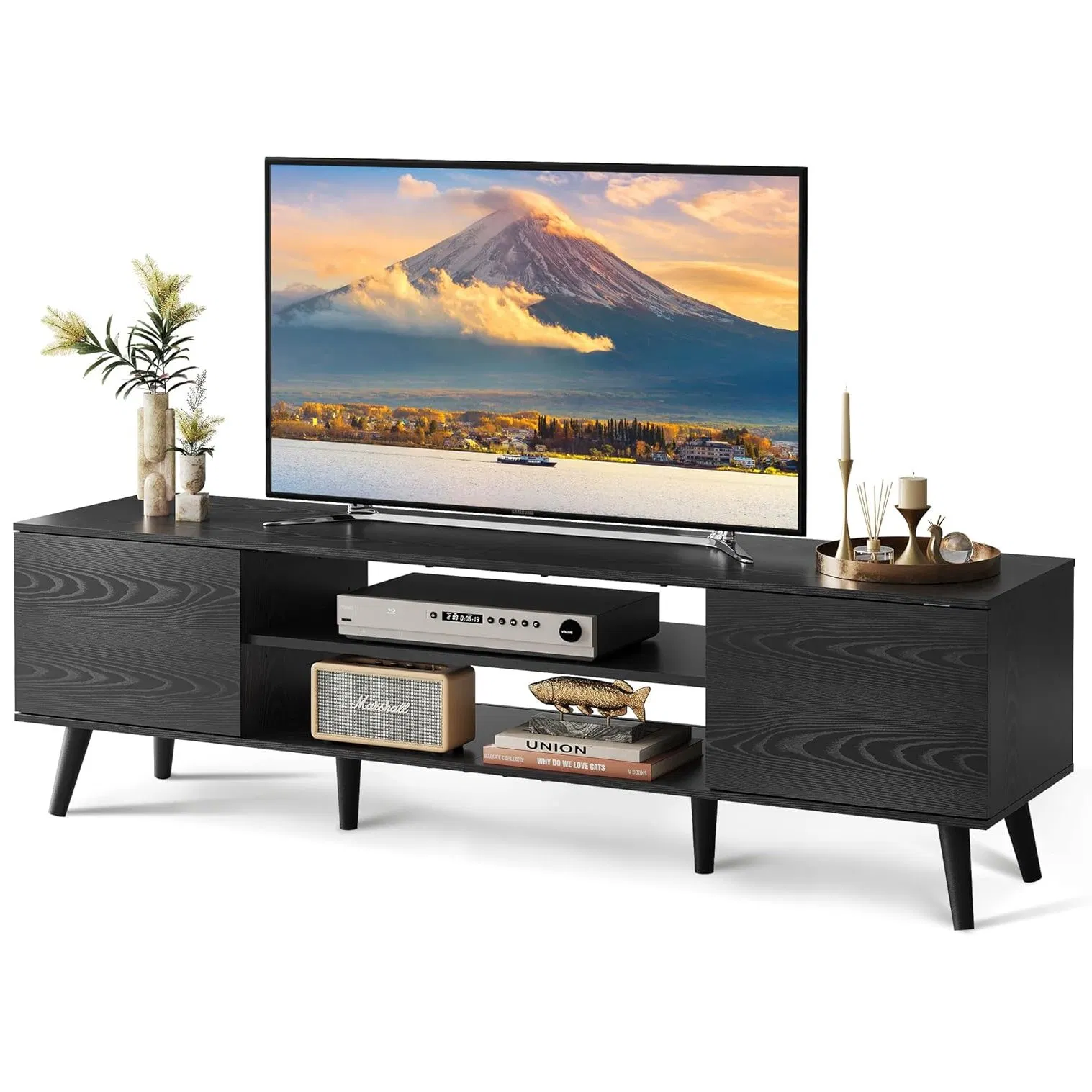 Wide Two Tier TV Console Table with Tapered Legs and Open Storage Shelves