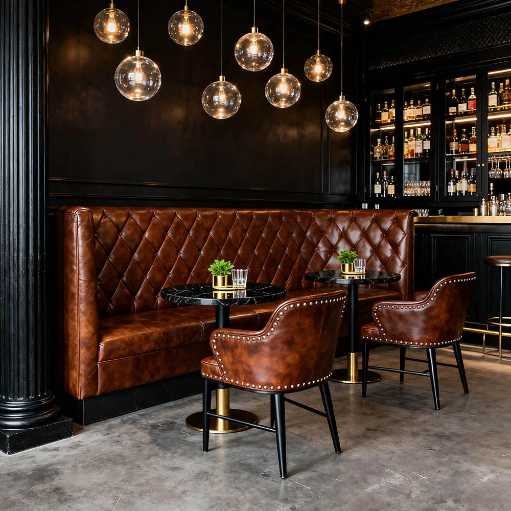 Customize European Vintage Leather Cover Wooden Frame Restaurant Furniture Set with Chesterfield Sofa Booth Seating High End Table and Booth