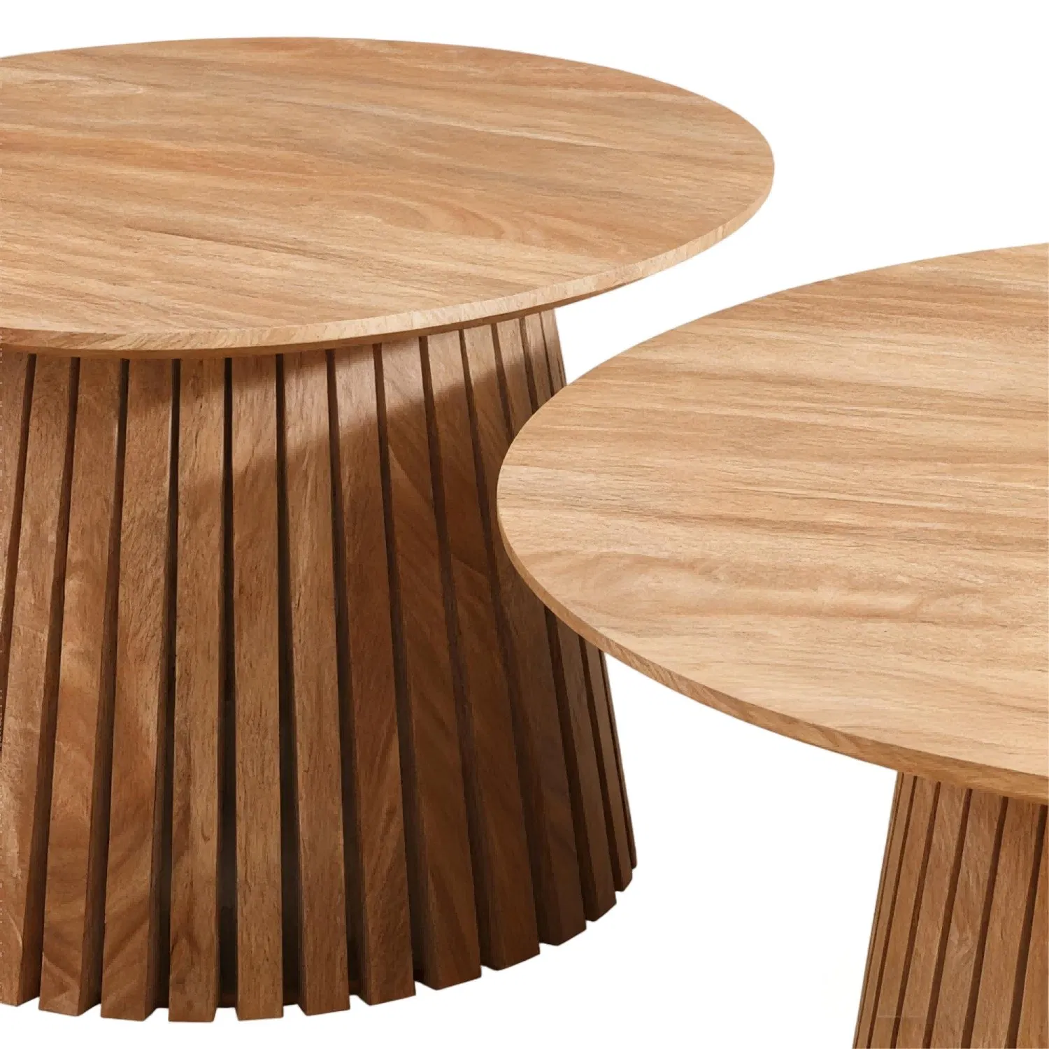 Natural Finish Round Nesting Table Set Ribbed Wooden Base Functional Coffee/Side Tables for Living Room