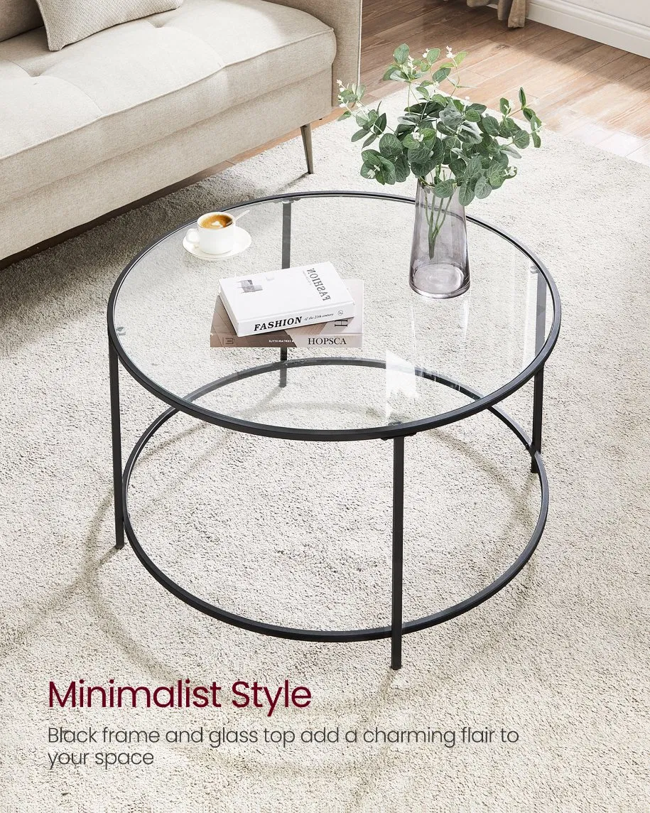 Modern Round Tempered Glass Accent Coffee Table for Living Room Dining Room Tea Metal Frame Side Table