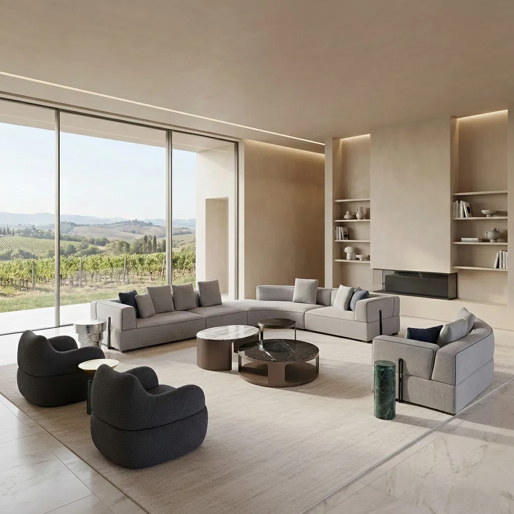 High End Modern Living Room Set Curved Sectional Sofa Set with Round Marble Coffee Table