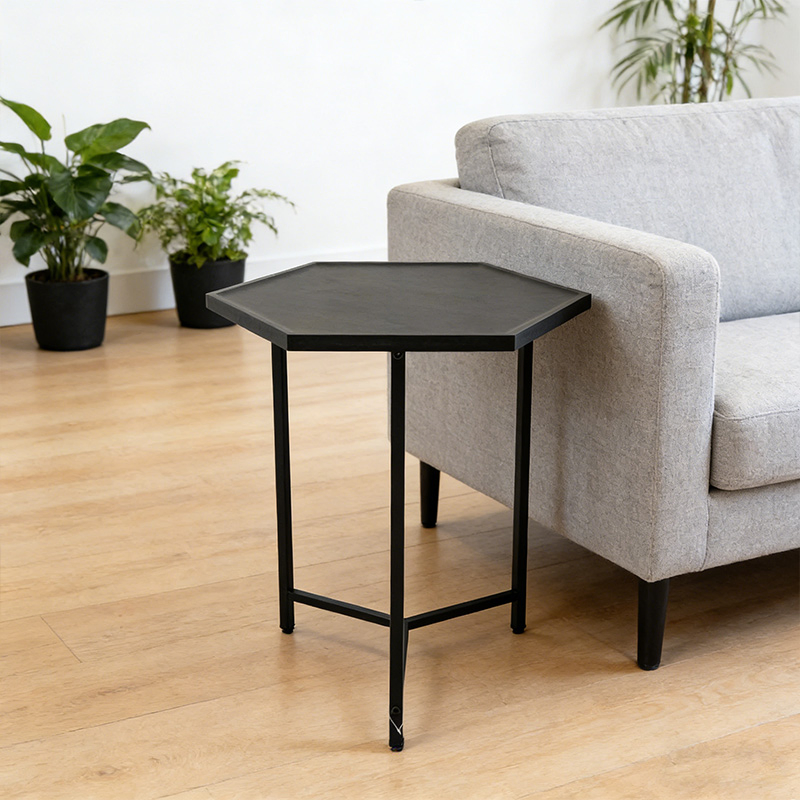 Chic Black Hexagonal End Table Modern Hexagon Black Accent Table Stylish Hexagonal Black Side Table with Three Metal Legs