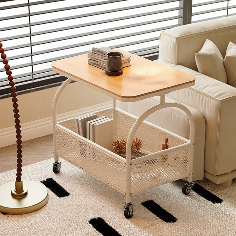 Moveable Coffee Table Snack Storage Trolley Cart Bedside Table Sofa Side Table with Wheels for Living Room Bedroom