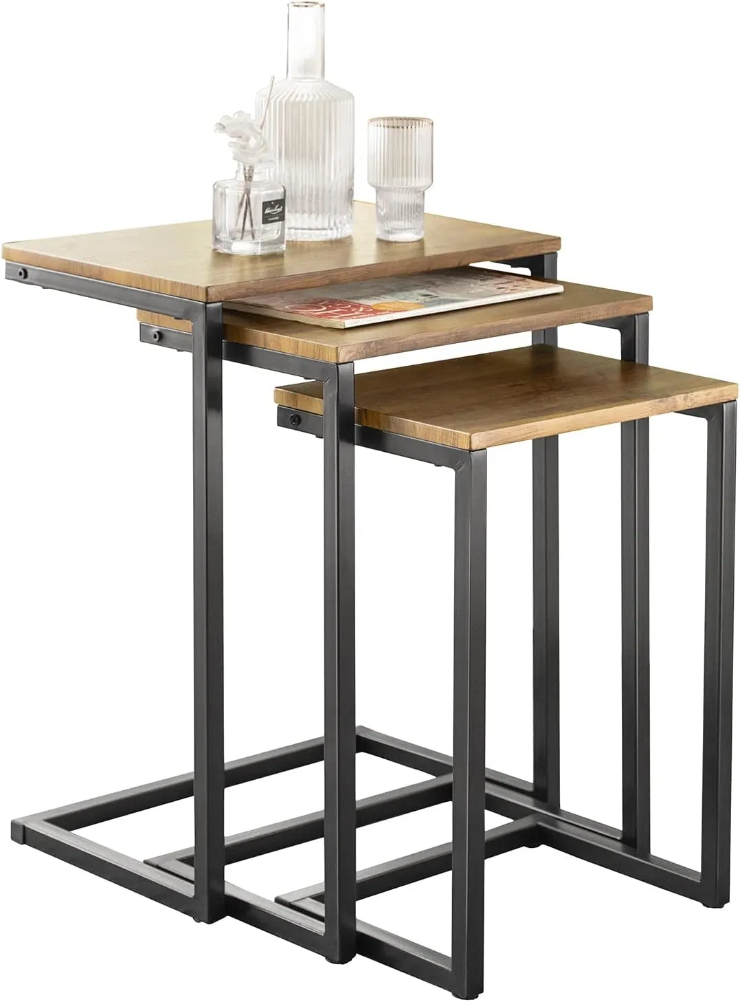 3-Piece Nesting Side Table Set with Wood-Grain Top and Sturdy Metal Frame for Living Room Arrangement