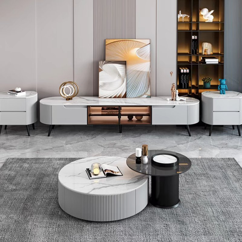 Factory Wholesale Modern Cream Style Round Combination TV Stand Coffee Table