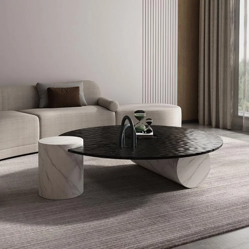 Gedo Modern Water Ripple Tempered Round Glass Top Coffee Table with Marble Cylinder Legs