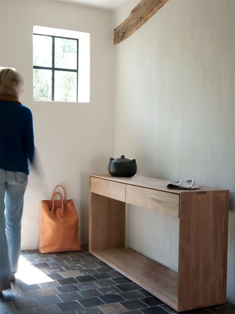 Nordic Natural Solid Oak Console Table with One Tier Storage Shelf and 2 Drawer, Narrow Hallway Dressing Desk Makeup Table for Living Room, Bedroom Furniture
