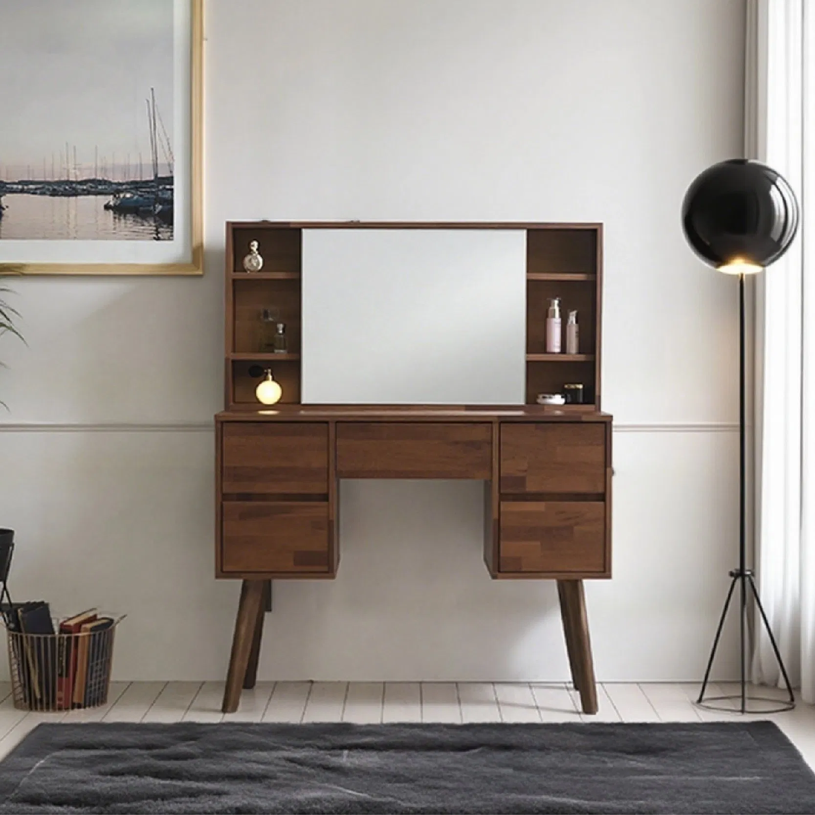 Nordic Wooden Console with Mirror Dresser Storage Makeup Dressing Table