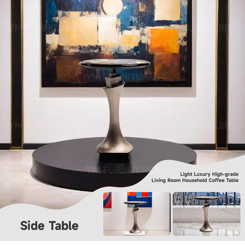 Hotel Lobby Durable Construction Round Steel Marble Accent Black End Side Table