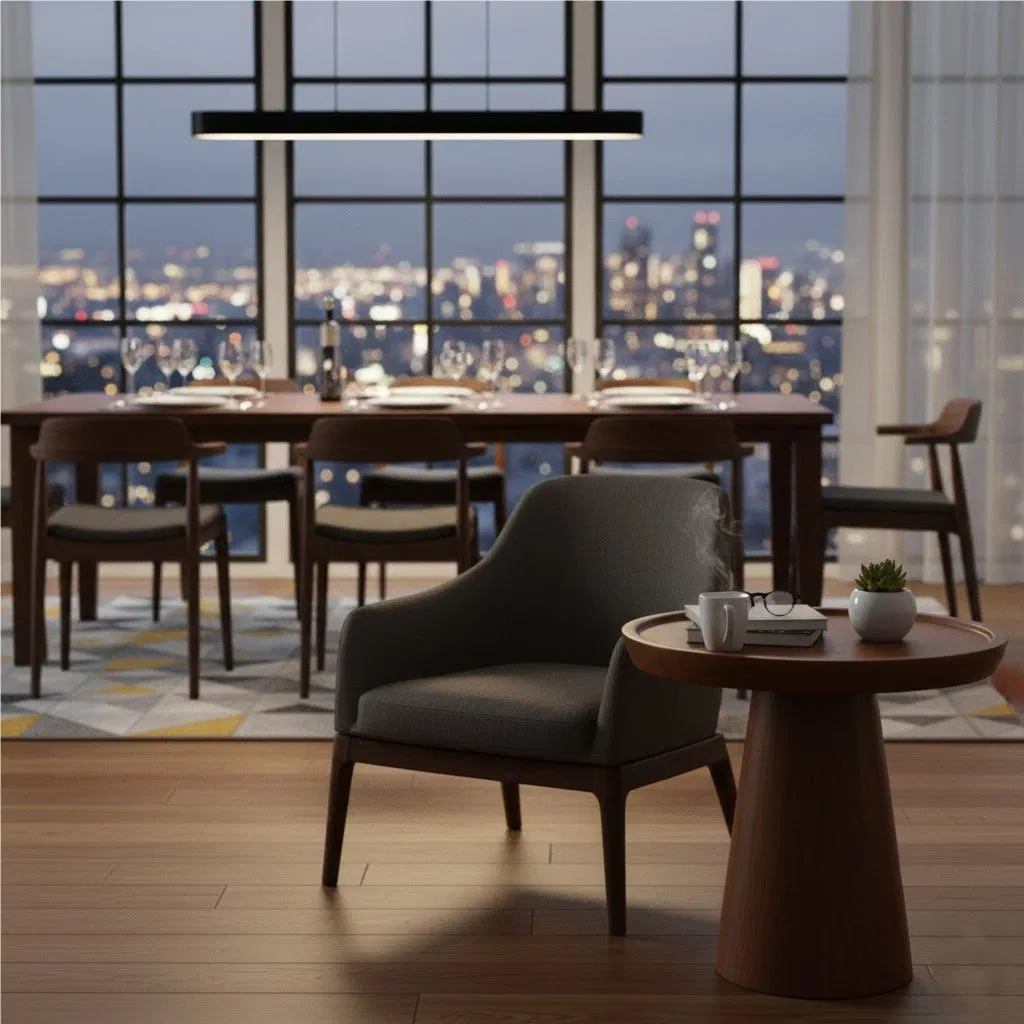 Teak Round Table, Flared Pedestal Base, Modern Accent Side Table