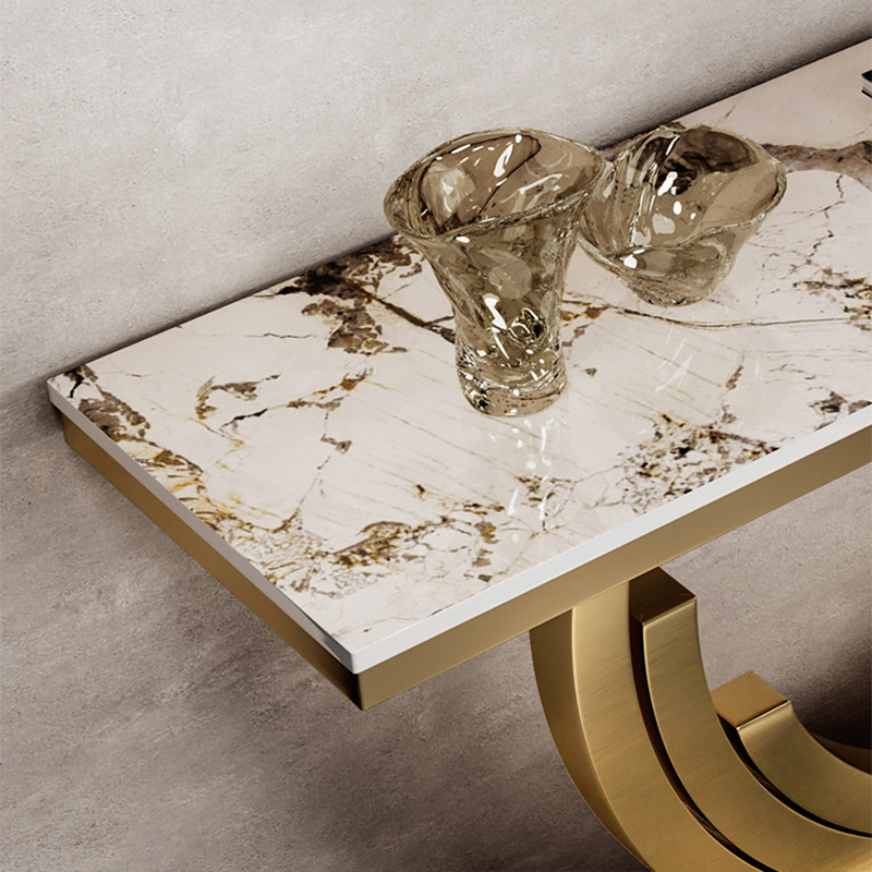 Turkish Luxury Modern Furniture Living Room Corner Half Moon Slimline Long Gold Metal Square Black Art Marble Top Console Table