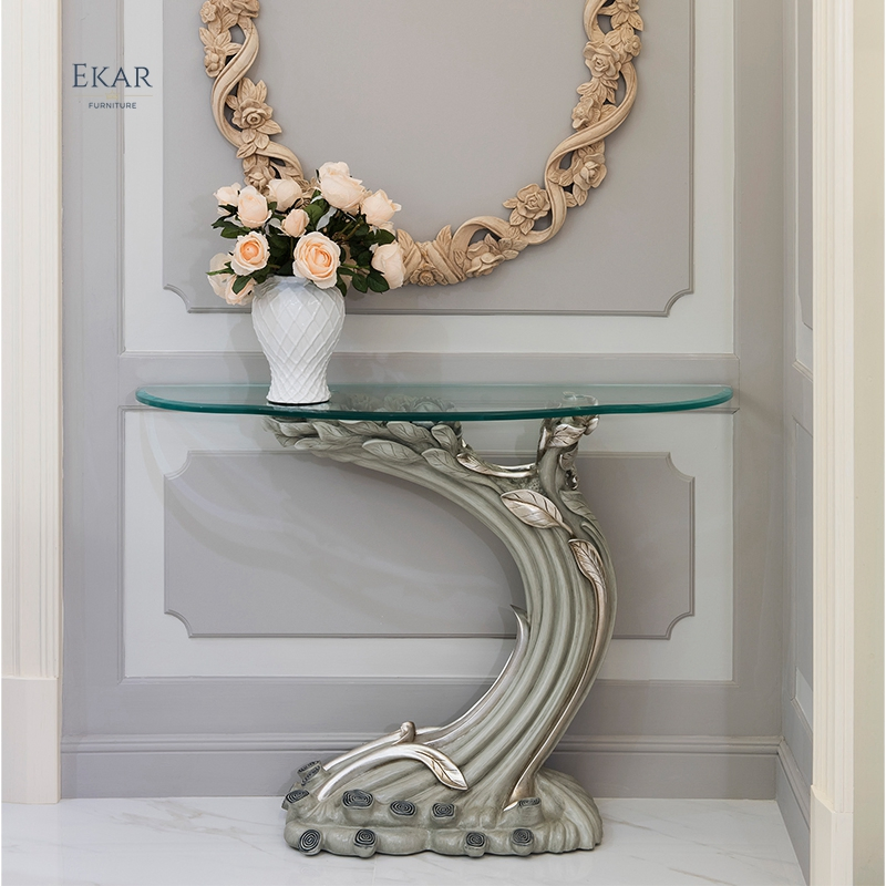 Half Moon Hand Carved Glass Top Luxury Console Table