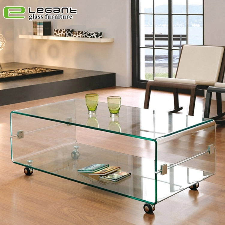 Industrial Style Living Room Glass Coffee Table with Wheel