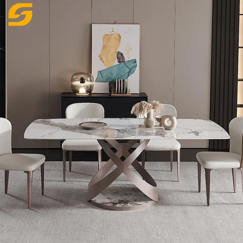 Modern Luxury Gold Marble Dining Table Set with Chair Stainless Steel Base