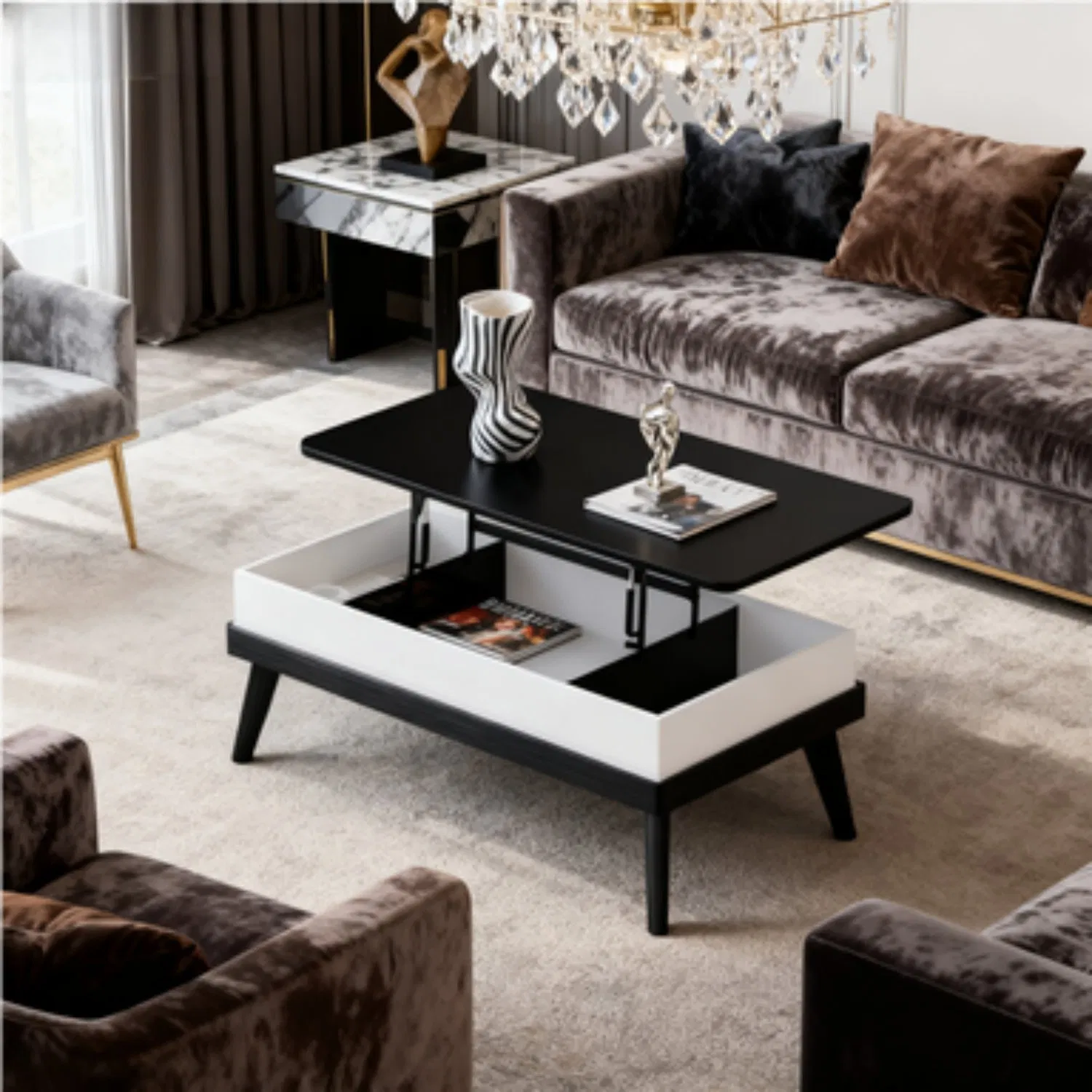 Modern Multi-Functional Lift Top Coffee Table with Black and White Finish Hidden Storage for Home Living Room Tea Table Furniture
