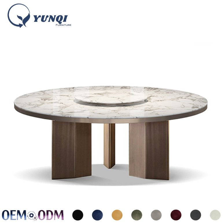 High End Luxury Villa Furniture Modern Eight Seater Large Brown Marble Round Dining Room Brown Table Set