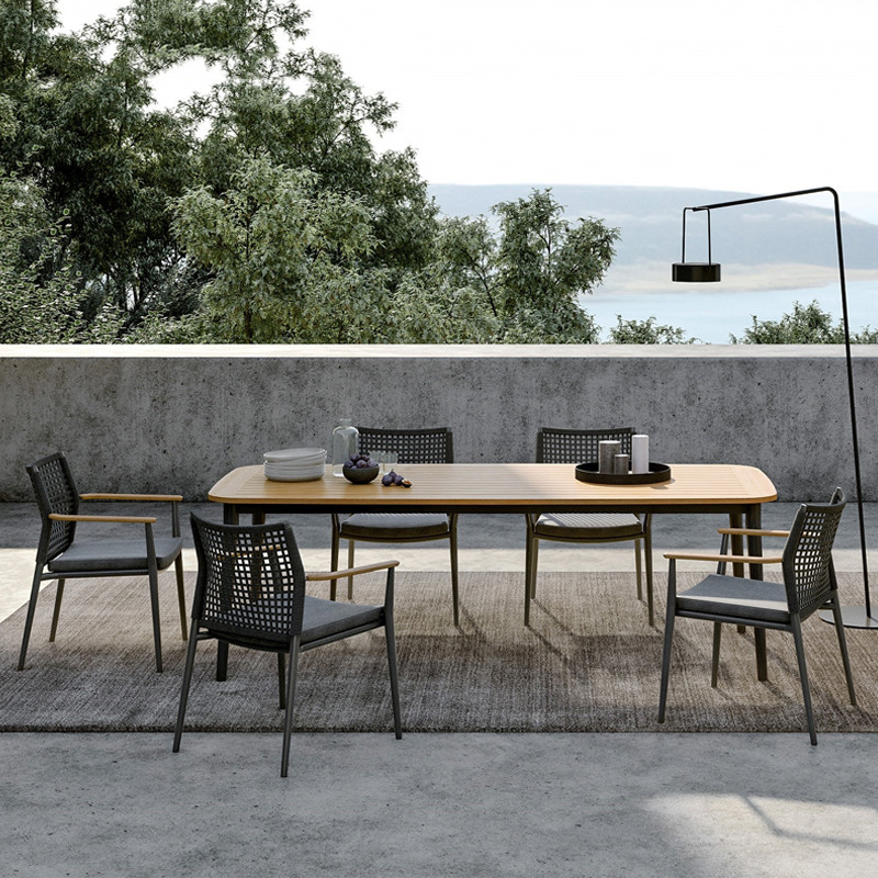 High-End Villa Patio Patio Teak Long Dining Table Outdoor Furniture Garden Casual Solid Wood Table and Chair Set
