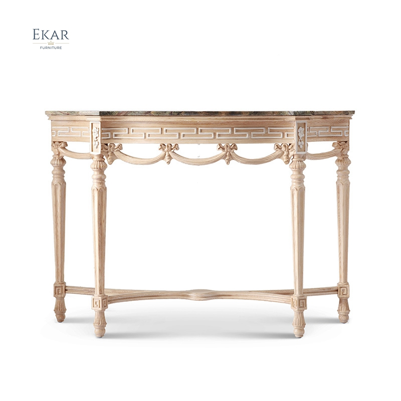 Hallway Vintage Antique Luxury Hotel Wood Curved Half Moon Marble Console Table with Storage