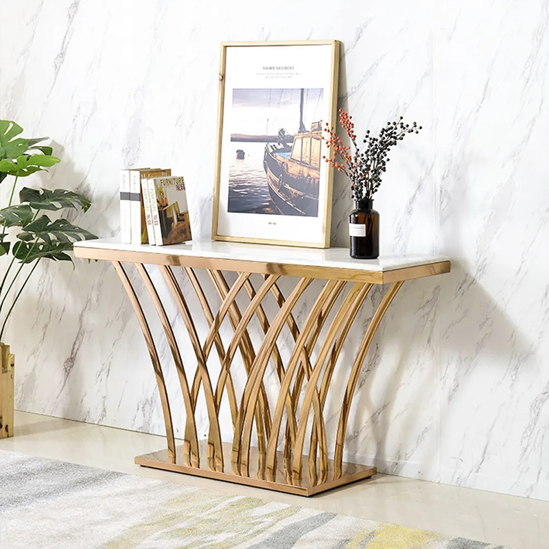 Foshan China Classic Luxury Modern Hall Entry Narrow Shaped Gold Square Mirror Console Table with Marble Table Top for Hallway