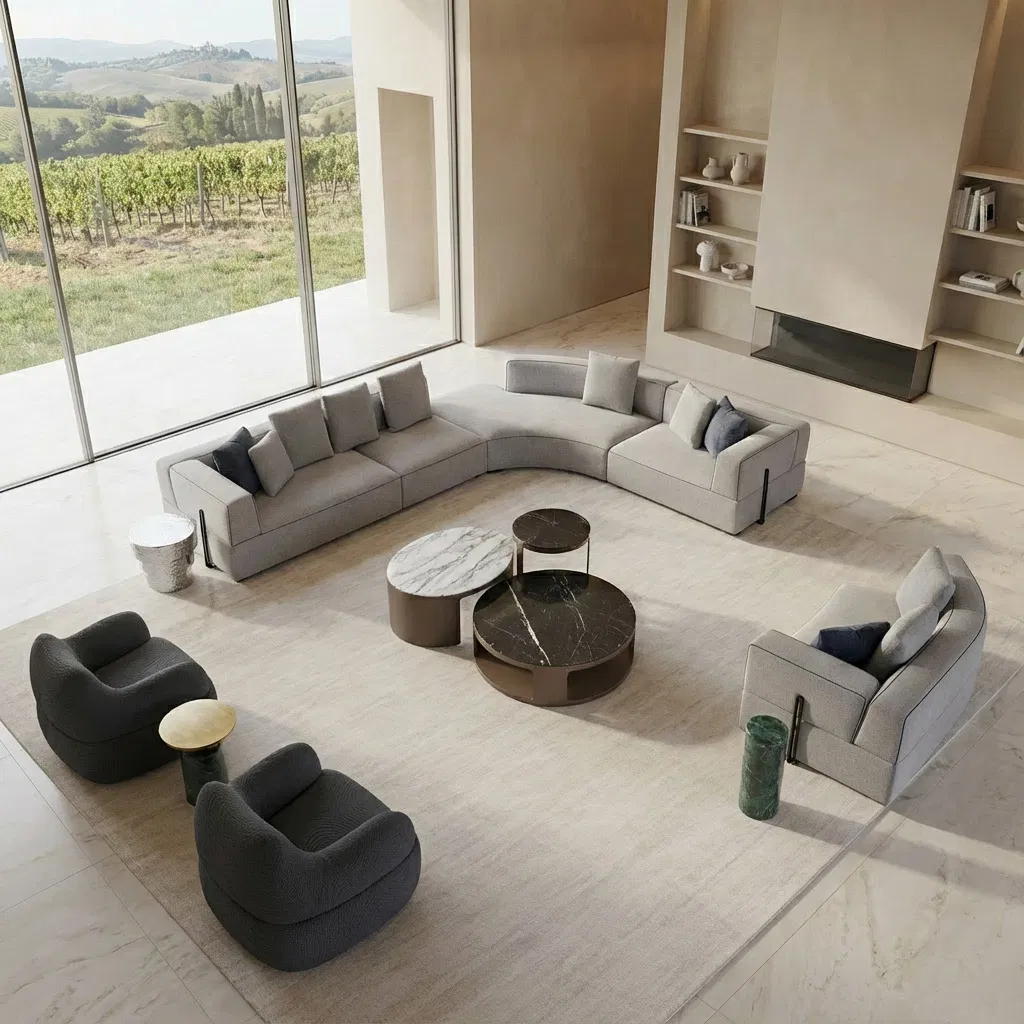 High End Modern Living Room Set Curved Sectional Sofa Set with Round Marble Coffee Table