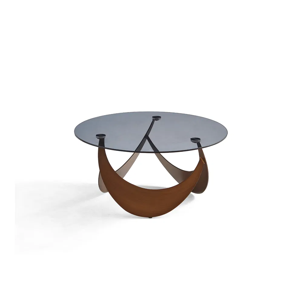Luxury Modern Furniture Living Room Dark Gray Glass Top Round Coffee Table with Antique Bronze Carbon Steel Tripod