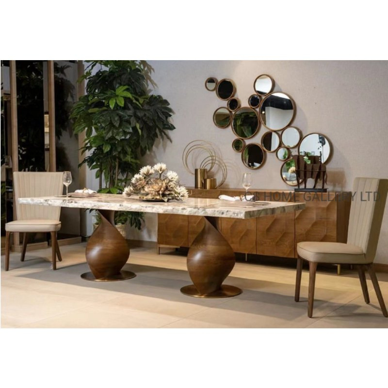 Wooden Modern Home Natural Marble Stainless Steel Furniture Dining Table