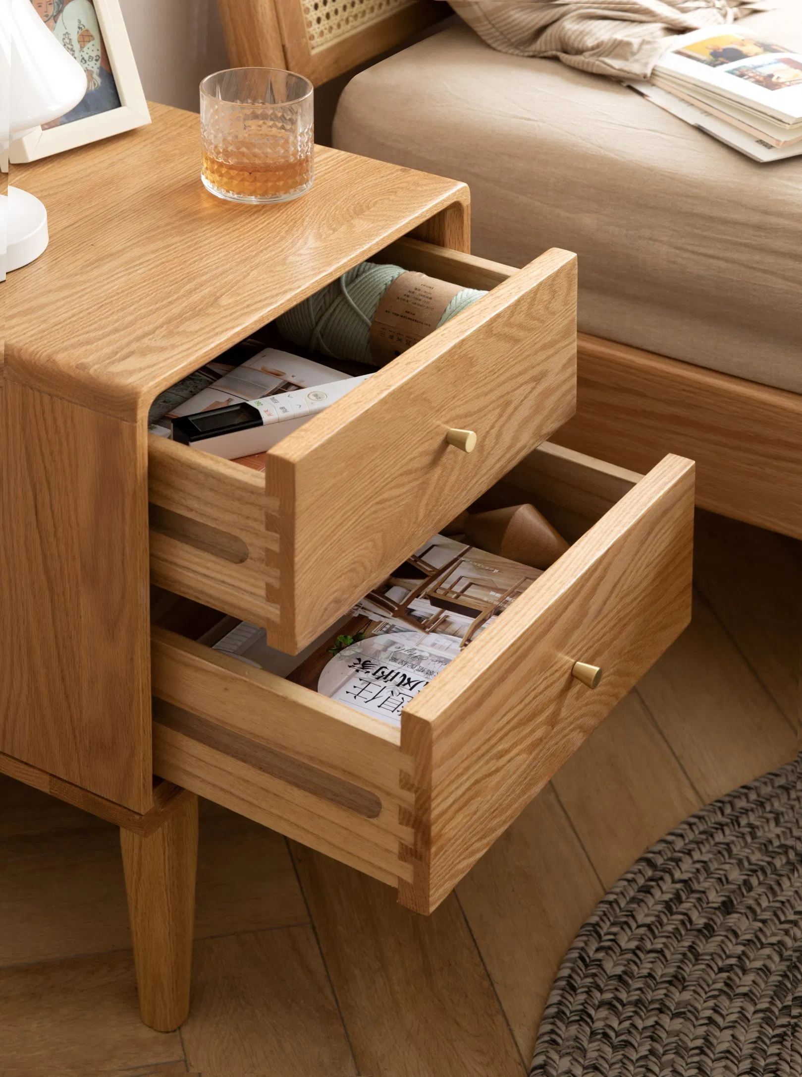 Traditional Neat Solid Red Oak Wood Home Bedroom Bedside Table