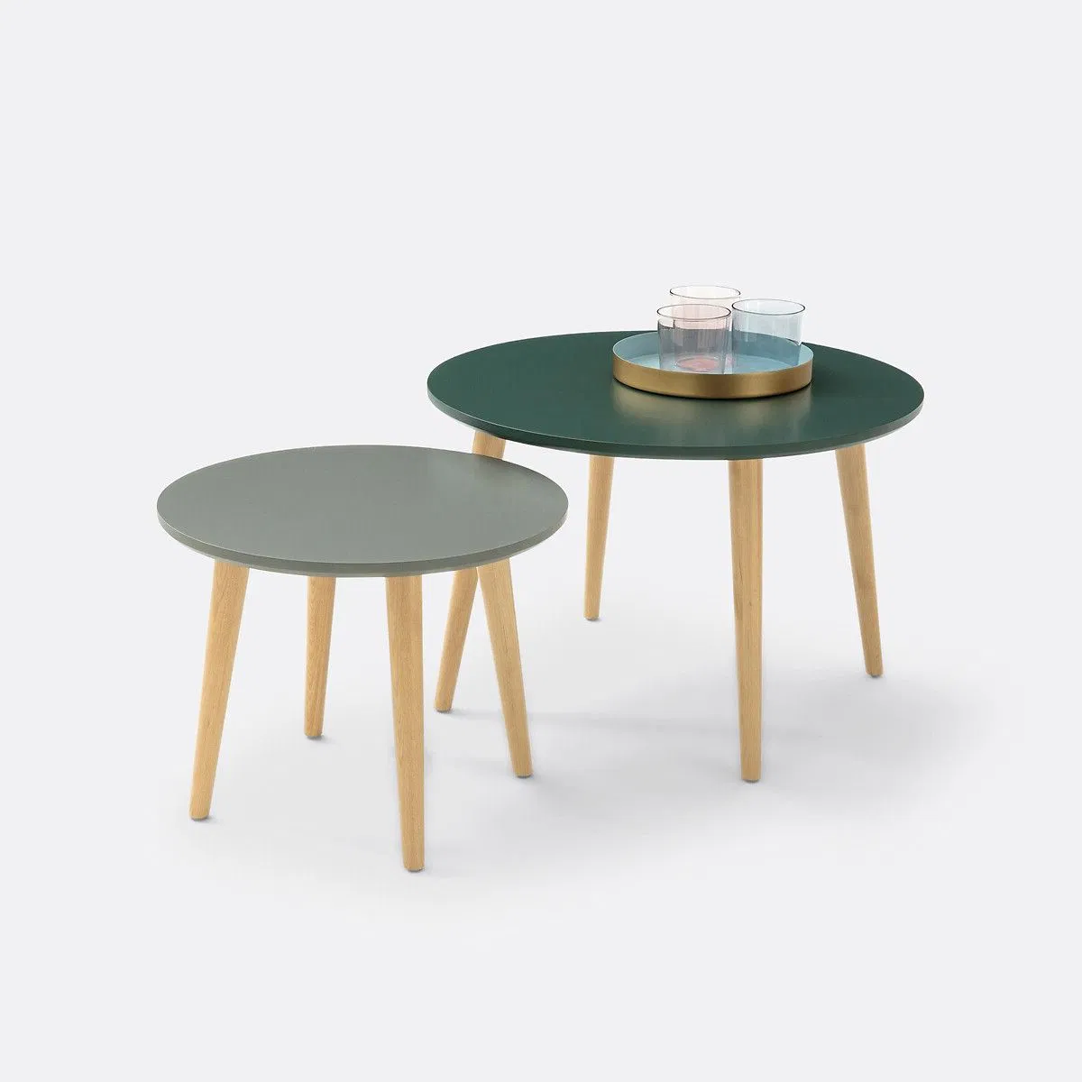 Round Nesting Coffee Table Set of 2, Modern Side Table with Solid Wood Legs for Home Hotel
