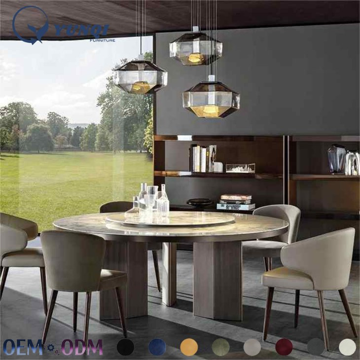 High End Luxury Villa Furniture Modern Eight Seater Large Brown Marble Round Dining Room Brown Table Set
