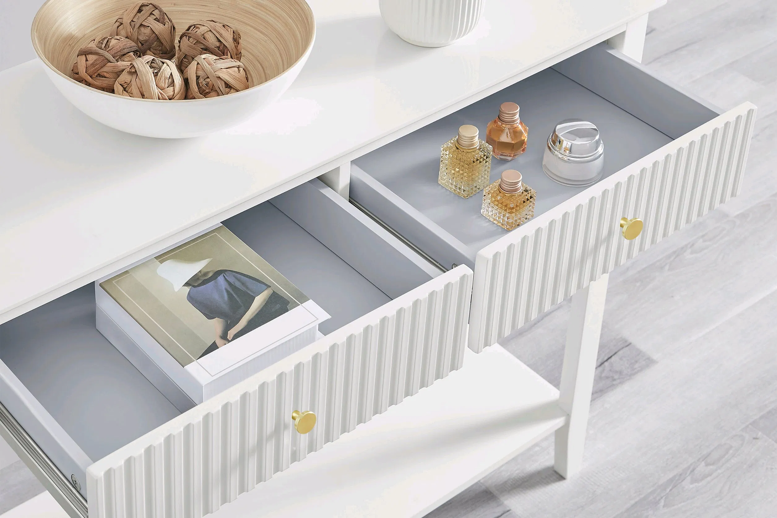 MID Century Modern Console Table Wood Sofa Table with Storage Drawers Table with Open Shelf for Living Room