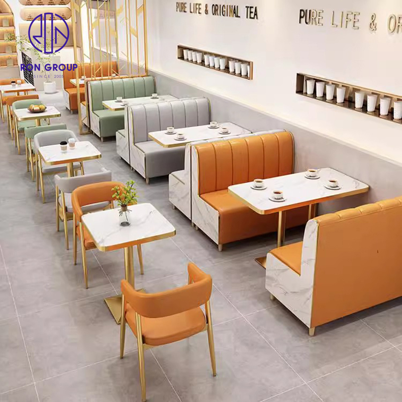 Modern Hotel Leather Square Marble Coffee Shop Cafeteria Commercial High-End Restaurant Booth Sofa Table and Chair Furniture Set for Restaurant