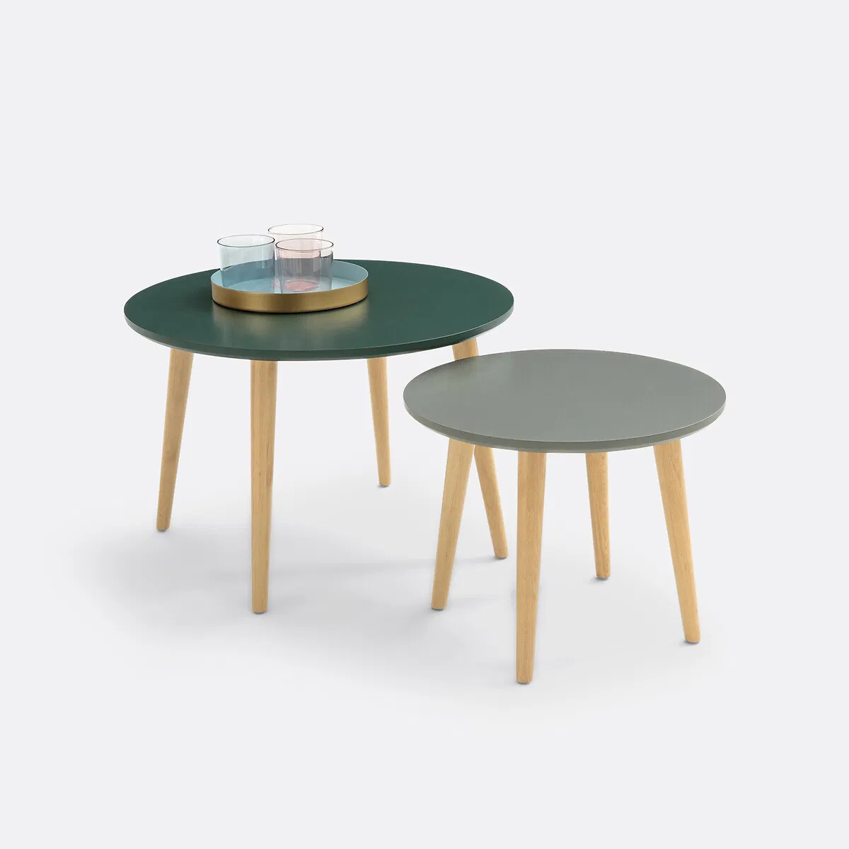 Round Nesting Coffee Table Set of 2, Modern Side Table with Solid Wood Legs for Home Hotel