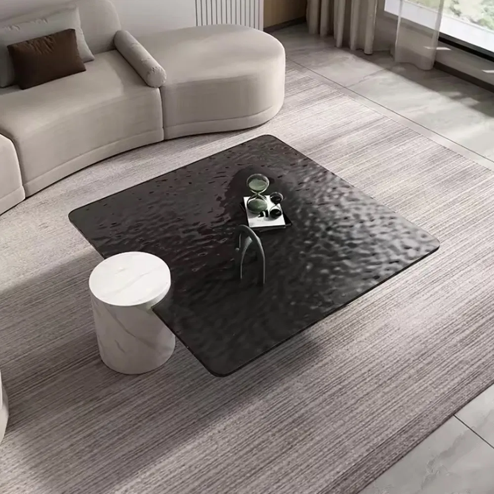 Gedo Modern Water Ripple Tempered Round Glass Top Coffee Table with Marble Cylinder Legs
