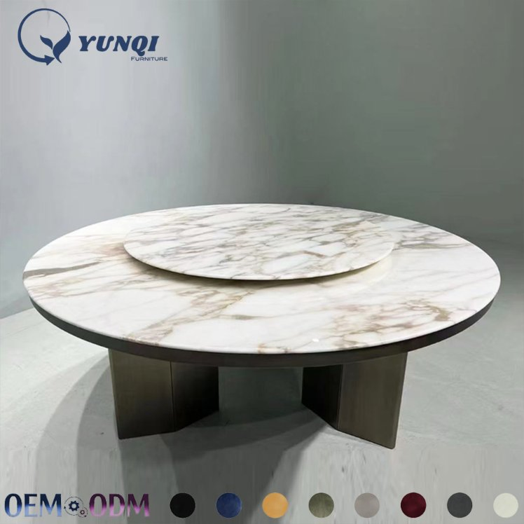 High End Luxury Villa Furniture Modern Eight Seater Large Brown Marble Round Dining Room Brown Table Set