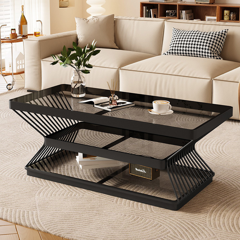 Modern Rectangular Tempered Glass Carbon Steel Combination Coffee Table