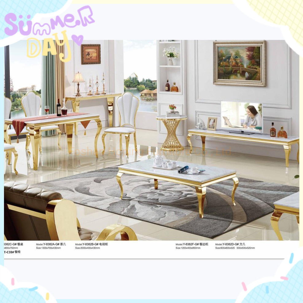 Marble Tempered Glass Coffee Office Table Furniture Gold Base Dining Console Restaurant Table Chairs Wedding Background Table